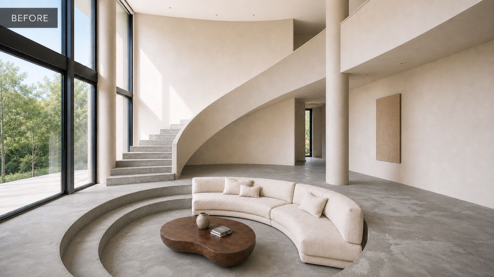 Before - the same living room with raw grey concrete floor and staircase