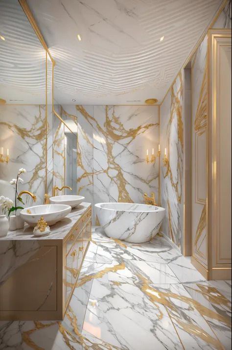Luxury bathroom in gold veined Calacatta marble