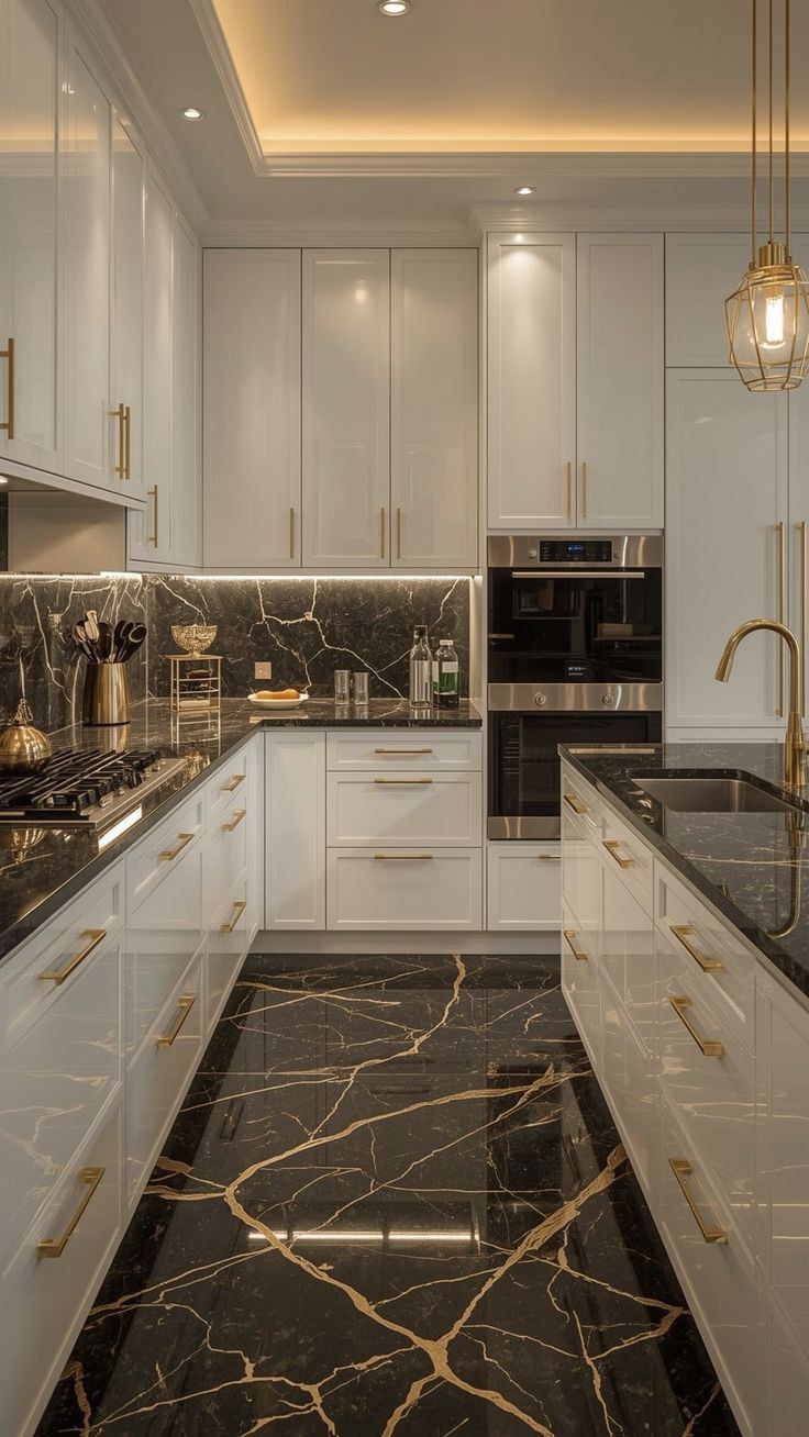 Modern kitchen with black and gold marble floors and counters