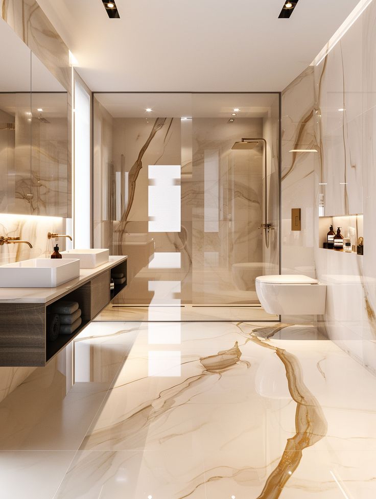 Luxury white-and-gold marble bathroom with large-format marble floors and walls